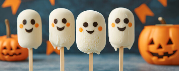 Obraz premium Ghostly ice cream pops with vanilla ice cream and cheerful faces are perfect for Halloween celebrations.