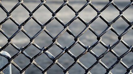 Fototapeta premium The wire mesh fence captured up close, with detailed metal chains forming patterns in the background, symbolizes the potential for restriction and freedom.