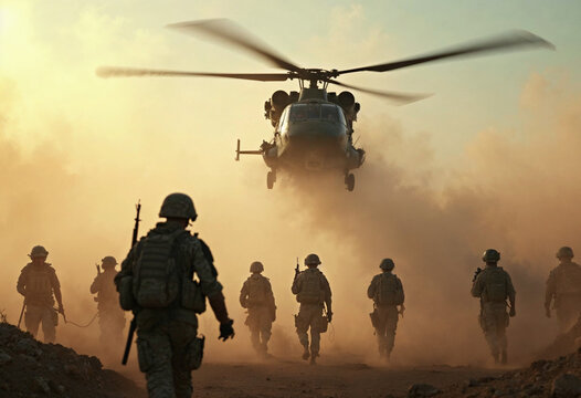 Military helicopter descending through dust and mist on a chaotic battlefield.







