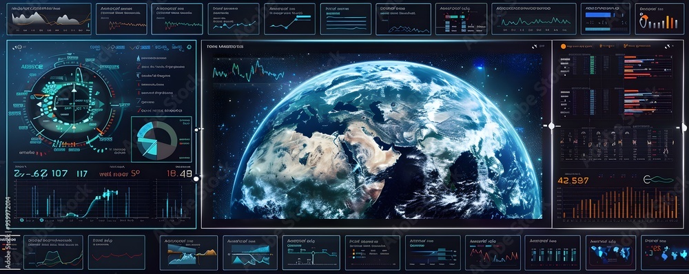 Poster high-tech digital interface displaying earth with data, graphs, and charts, illustrating advanced te
