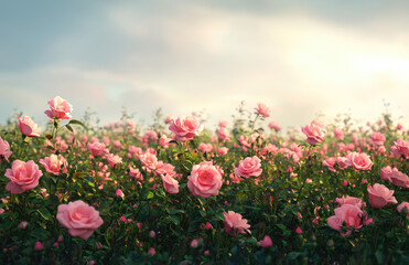 A field of pink roses in full bloom, with the petals gently swaying under an overcast sky. Created with Ai