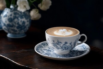 Fototapeta premium A steaming cup of coffee surrounded by falling coffee beans, creating an atmosphere full of warmth and joy.