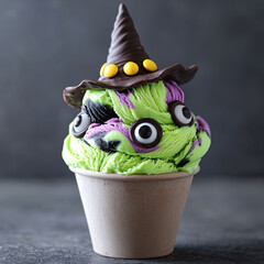 Witches brew ice cream with swirls of neon green and purple, topped with chocolate hat and candy eyes, creates fun and spooky dessert.