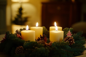 Four candles glow warmly on a festive wreath adorned with pine sprigs and pine cones.