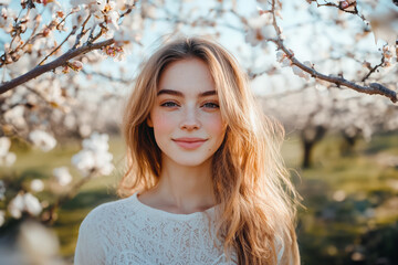 Naklejka premium A Young Woman and the Blooming Cherry Trees