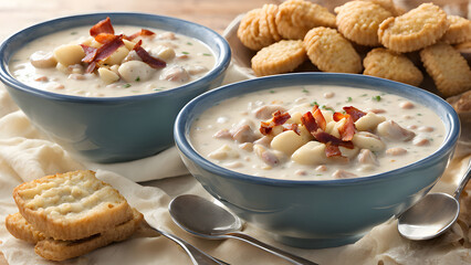 Fototapeta premium A hearty bowl of clam chowder, thick and creamy, filled with tender clams, potatoes, and bacon bits, served with oyster crackers on the side.