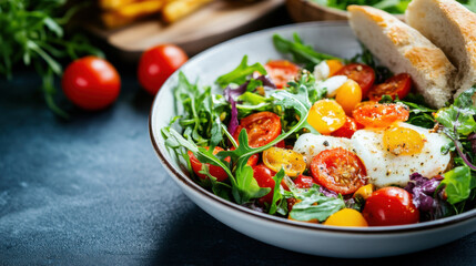 Colorful fresh salad with cherry tomatoes, arugula, and mozzarella cheese, served in a bowl with bread slices on the side.