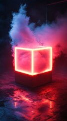 Futuristic Neon Cube with Glowing Clouds Night Sky