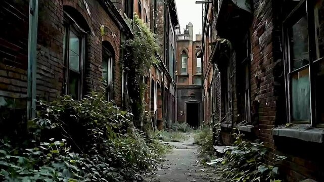 a dark alley with brick buildings on either side 