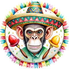 Colorful portrait of ornaments with happy smiling monkey with sombrero hat  with flowers and butterflies, painted, serape and flags on white background, closeup, cute and funny, generative AI 4K HD 