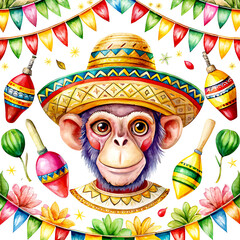 Colorful portrait of ornaments with happy smiling monkey with sombrero hat  with flowers and butterflies, painted, serape and flags on white background, closeup, cute and funny, generative AI 4K HD 