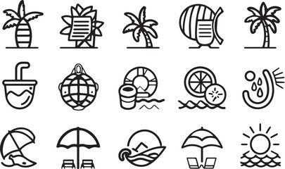 Summer icon set black . It includes season, holiday, vacation, travel, tourism, and more icons. Editable Vector Stroke. with white background
