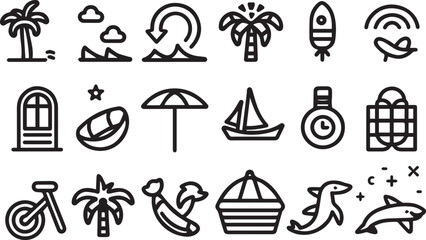 Summer icon set black . It includes season, holiday, vacation, travel, tourism, and more icons. Editable Vector Stroke. with white background