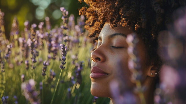 Medium close-up of a person taking a deep breath in a field of lavender, embracing the sense of smell.