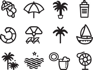 Summer icon set black . It includes season, holiday, vacation, travel, tourism, and more icons. Editable Vector Stroke. with white background