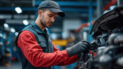 Fototapeta premium Young auto mechanic focusing on car engine repair in a workshop, showcasing technical skills and automotive maintenance.