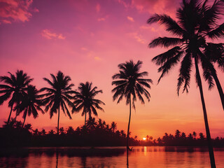 Obraz premium Coconut trees silhouetted against a sunset sky with pink and orange hues