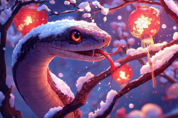 Obraz premium A cute snake, long tongue sticking out of its mouth, with red plum blossoms and lanterns hanging on the tree branches in winter, creating a Chinese New Year atmosphere. Background for banner, poster.