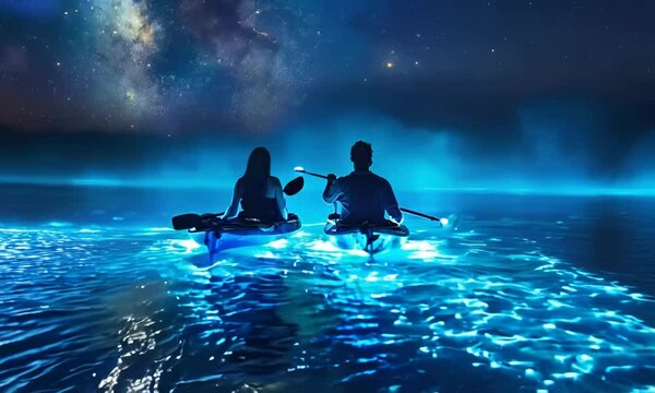 A couple exploring a bioluminescent bay at night, kayaking through glowing waters and marveling at the natural phenomenon. Video