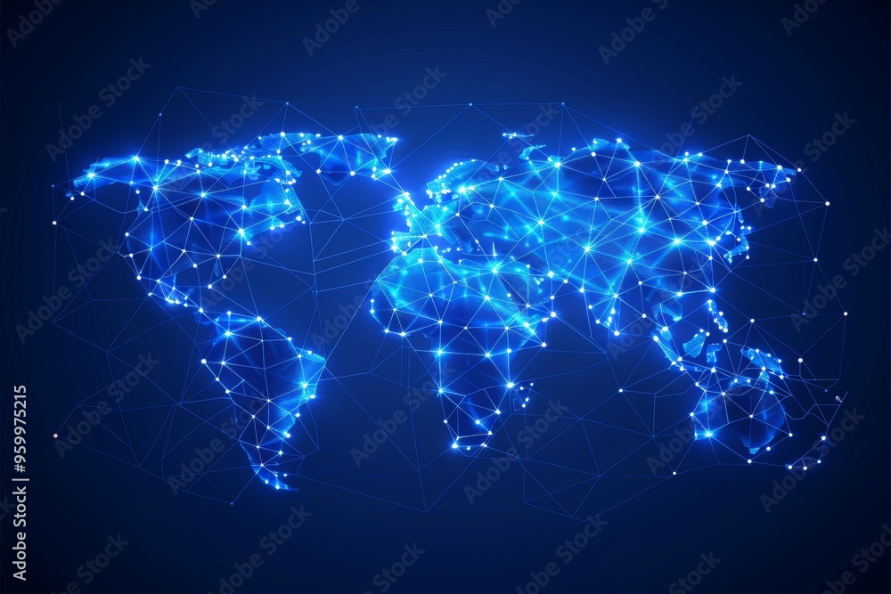 Aufkleber abstract world map with glowing points and lines, global network concept, technology background.