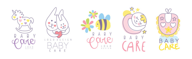 Baby Care Logo Design with Cute Element Vector Set