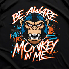 Danger Monkey skull vector illustration graphic with angry face with typography "BE AWARE I HAVE THIS MONKEY IN ME", colorful design on black background. HD high quality. T shirt design