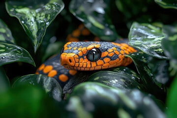 A realistic illustration of an orange and black snake in the jungle, resting on a rock with leaves around it. 