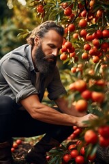 Man harvesting ripe fruits in a vibrant orchard during sunny afternoon hours