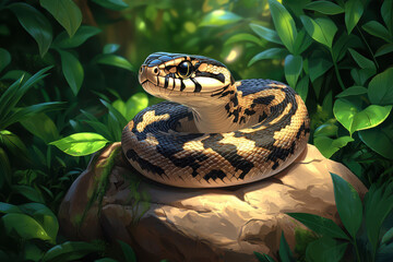 Fototapeta premium A vector illustration of a snake with white stripes, coiled on the edge of a rock in its natural habitat.