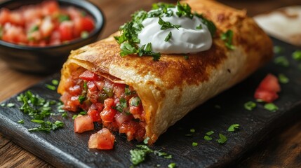 Chimichanga, deep-fried burrito, served with salsa and sour cream.