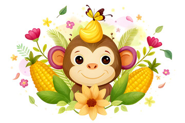 A charming funny, happy monkey face adorned with vibrant corns, flowers and butterflies against a clear white background, flat design top view garden theme cartoon drawing. HD high quality 4K.