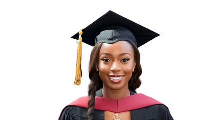 Beautiful smiling african american female graduate in cap and gown on transparent background PNG. 

