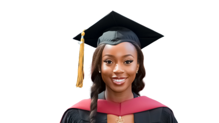Beautiful smiling african american female graduate in cap and gown on transparent background PNG. 
