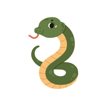 Cute funny snake with big eyes, cheeks and a long tongue. Green reptile with a yellow striped abdomen. Snake baby. Kawaii character. Wild animal. Cartoon style. Vector illustration.