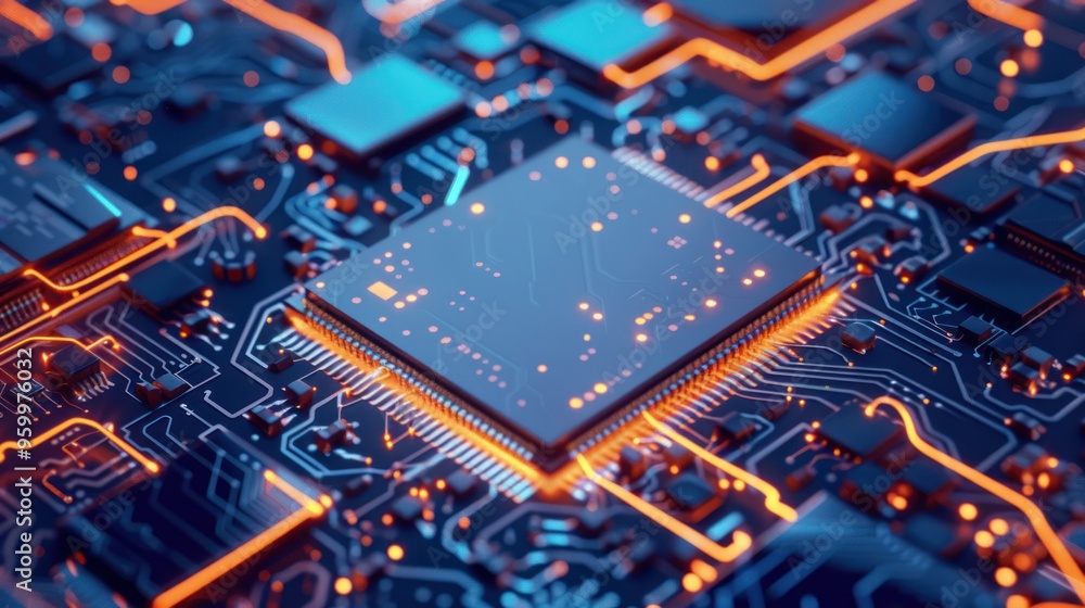 Poster closeup of a circuit board with a glowing processor