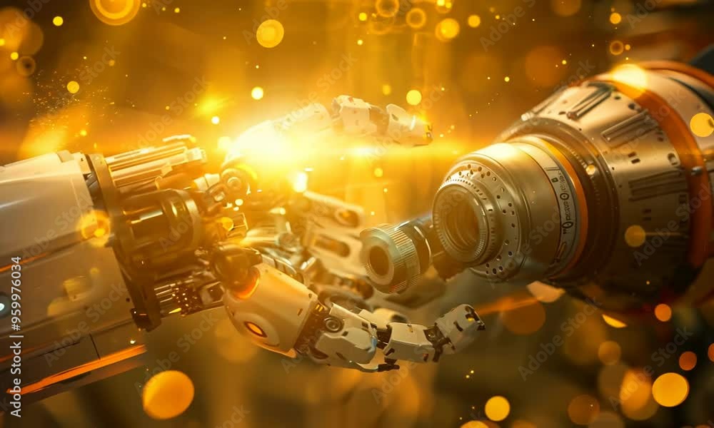 Poster a robot arm assembling a complex piece of machinery, its movements precise and efficient. video