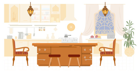 Arabian kitchen interior with no people flat vector illustration.