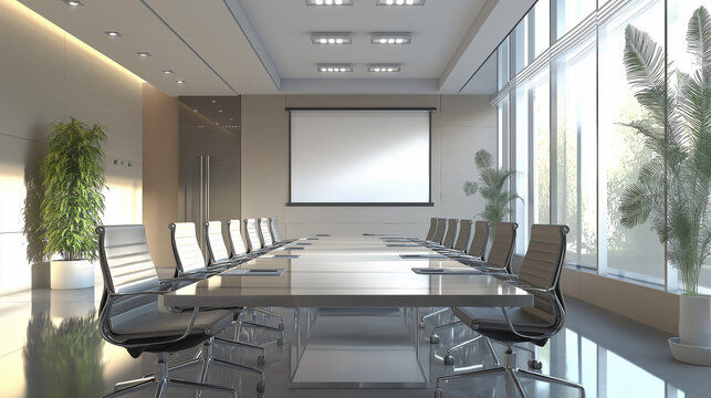 modern office interior, A modern conference room with a long, table and chairs. The room features large windows, colored walls, and a sleek whiteboard for projection screen.