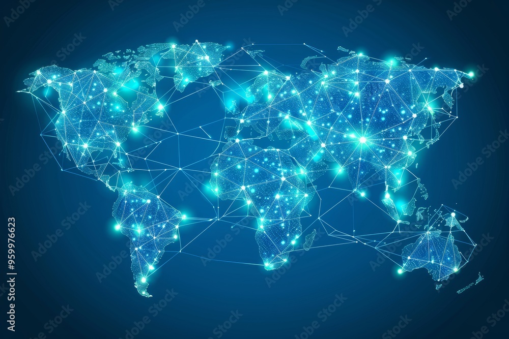 Poster global network. blue abstract world map with glowing points and lines., 3d illustration.