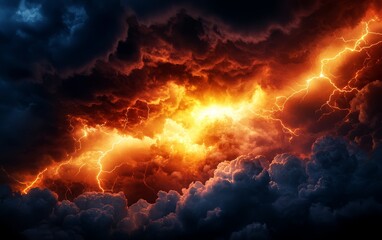 Fototapeta premium Thunderstorm with heavy, swirling clouds and bright lightning strikes, evoking a sense of danger and atmospheric tension