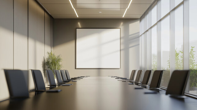 interior of office, A modern conference room with a long, table and chairs. The room features large windows, colored walls, and a sleek whiteboard for projection screen.