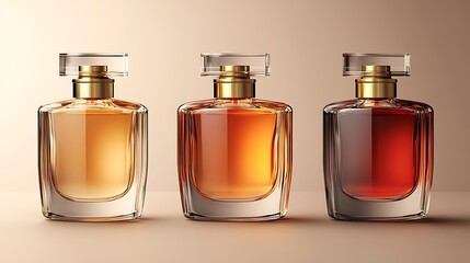 Three perfume bottles, one light amber, one dark amber and one red,  on a beige surface.