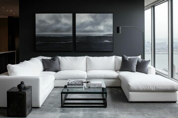 Fototapeta premium Modern Living Room with White Sectional Sofa and Black Accents
