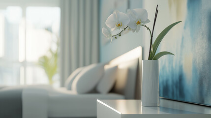 interior of a room with a window, interior of a room, white flowers in a vase, flowers in a vase, A modern bedroom with a sleek, white bedside table
