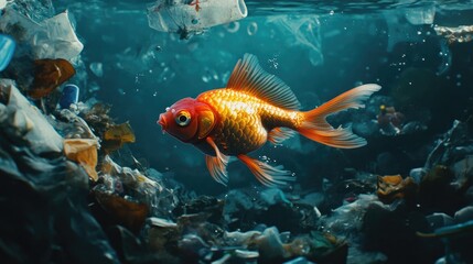Fototapeta premium A goldfish in a polluted ocean, surrounded by plastic waste, symbolizing the environmental crisis facing marine life today.
