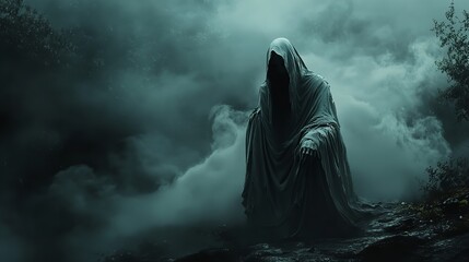 Mysterious Hooded Figure in Dark Smoky Atmosphere with Eerie Lighting and Shadows