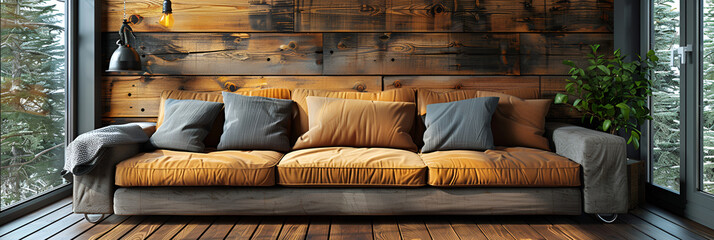 cozy living room scene featuring a plush, mustard-colored sofa adorned with soft gray throw pillows