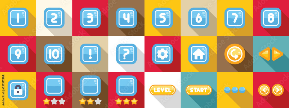 Poster select game level icons set. collection of various buttons for casual game user interface design, fe