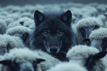Obraz premium lone wolf concealed in flock of sheep piercing eyes barely visible misty twilight scene symbolic danger hidden in plain sight