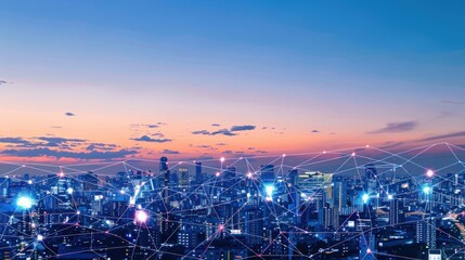 Cityscape at Dusk with Connected Network